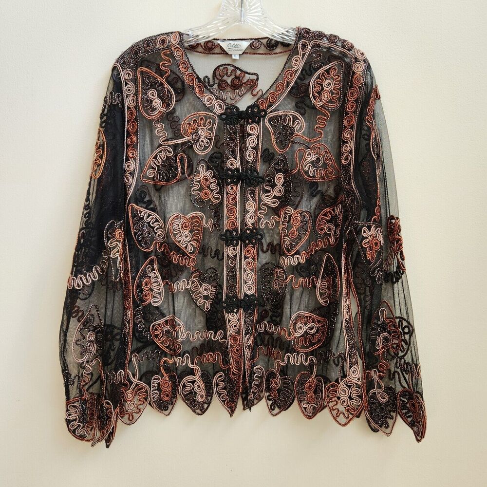 Celsa Cardigan Women XL Black Mesh Sheer Embroidered Whimsigoth Fairygrunge Chic